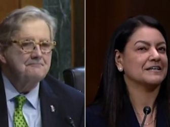 Sen. John Kennedy, left, questions Charnelle Bjelkengren, right, on Wednesday.