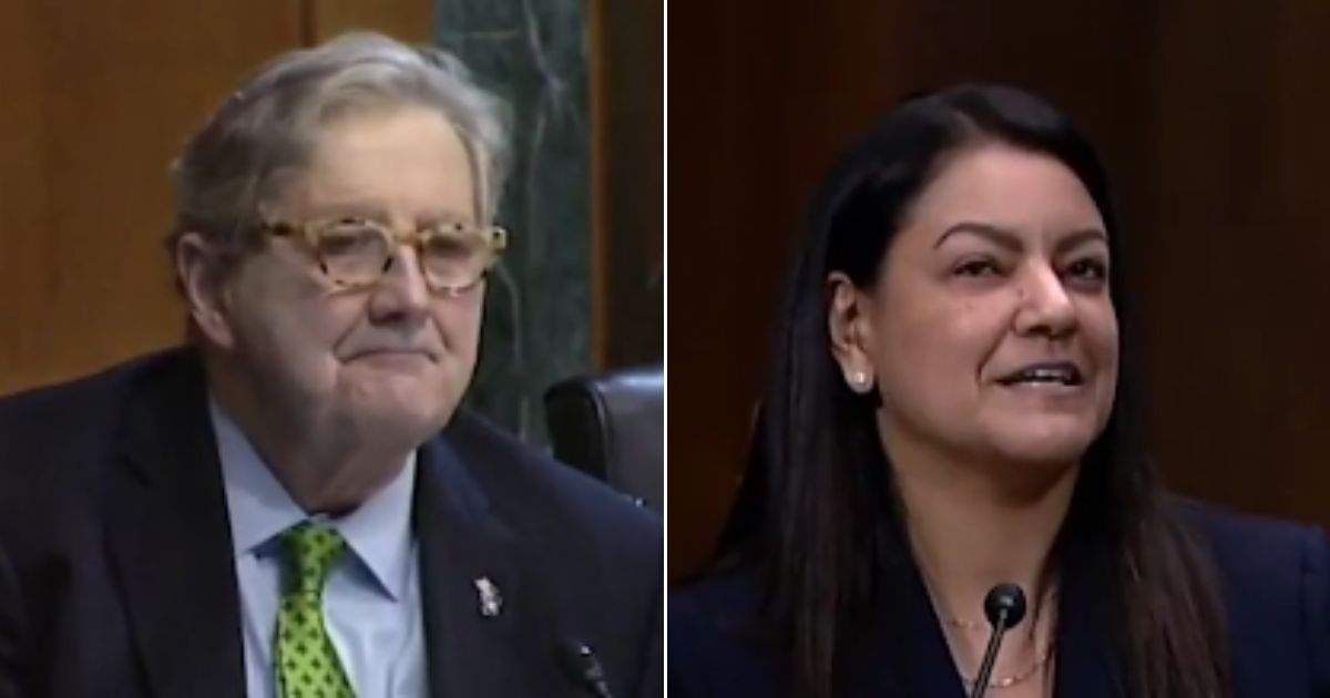 Sen. John Kennedy, left, questions Charnelle Bjelkengren, right, on Wednesday.