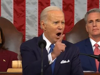 President Joe Biden raises his voice in a rant during Tuesday night's State of the Union address.