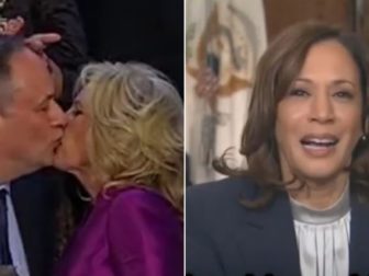 Vice President Kamala Harris, right, was taken aback at a reporter's question about the kiss her husband exchanged Tuesday with first lady Jill Biden.