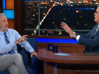 Comments by Jon Stewart, left, about the origins of the coronavirus didn't sit well with host Stephen Colbert during a June 2021 episode of "The Late Show with Stephen Colbert