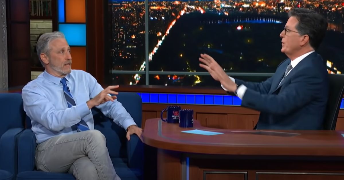 Comments by Jon Stewart, left, about the origins of the coronavirus didn't sit well with host Stephen Colbert during a June 2021 episode of "The Late Show with Stephen Colbert