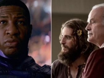 Johnathan Majors, left, as the supervillain Kang the Conquerer in the Marvel movie "Antman and the Quantumania." Right, Lonnie Frisbee plays a hippie evangelist with acting veteran Kelsey Grammer as a worried father in "Jesus Revolution."