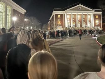 A long line of worshippers outside Asbury University's Hughes Auditorium.