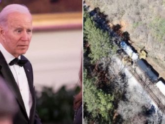 President Joe Biden, left, pictured at a White House reception Saturday. Right, a train derailment Monday in Enoree, South Carolina.