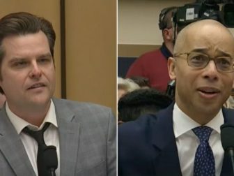 Rep. Matt Gaetz, left, questions the principal of the Raban Group Elliot Williams, right, during a hearing on Thursday.