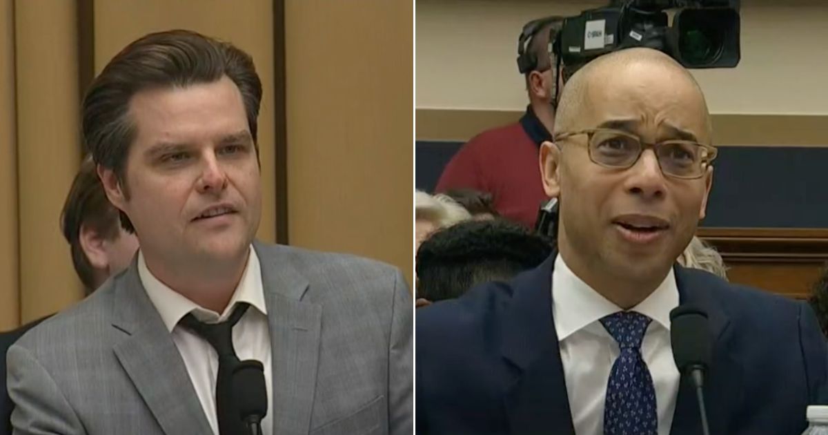 Rep. Matt Gaetz, left, questions the principal of the Raban Group Elliot Williams, right, during a hearing on Thursday.