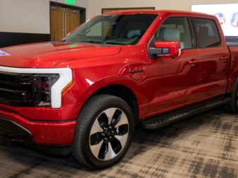 The 2023 Ford F-150 Lightning truck is shown after winning the NACTOY 2023 North American Truck of The Year Award at the 2023 North American Car, Truck, and Utility Vehicle of the Year Awards on Jan. 11 in Pontiac, Michigan.