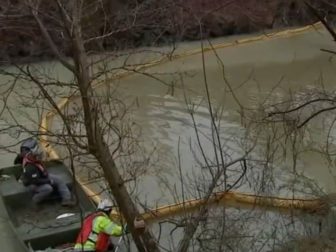 A clean up crew works in the Otter Creek, a tributary of the Delaware River, in Pennsylvania after chemicals leaked into the water on Friday.