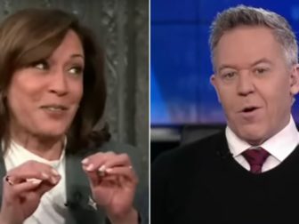 Fox News' Greg Gutfeld, right, wondered if Vice President Kamala Harris realized that the main character onthe comedy "Veep," to whom she compared herself, is an abject failure.