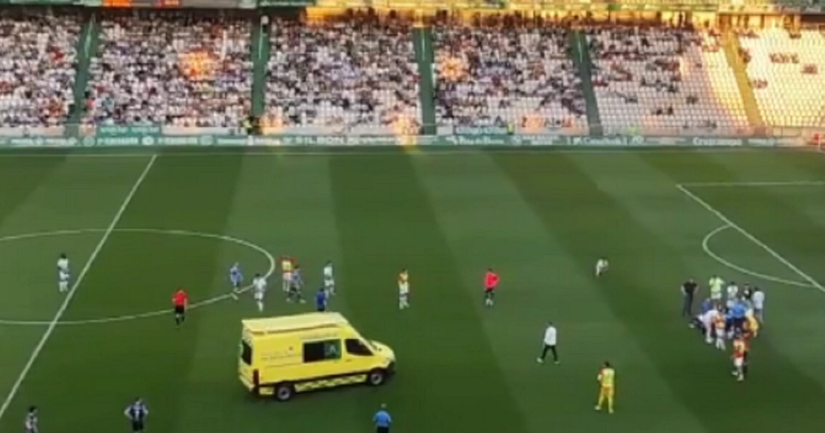 An ambulance on the field of a soccer match in Cordoba, Spain, on Saturday to treat a player who suffered a cardiac arrest.