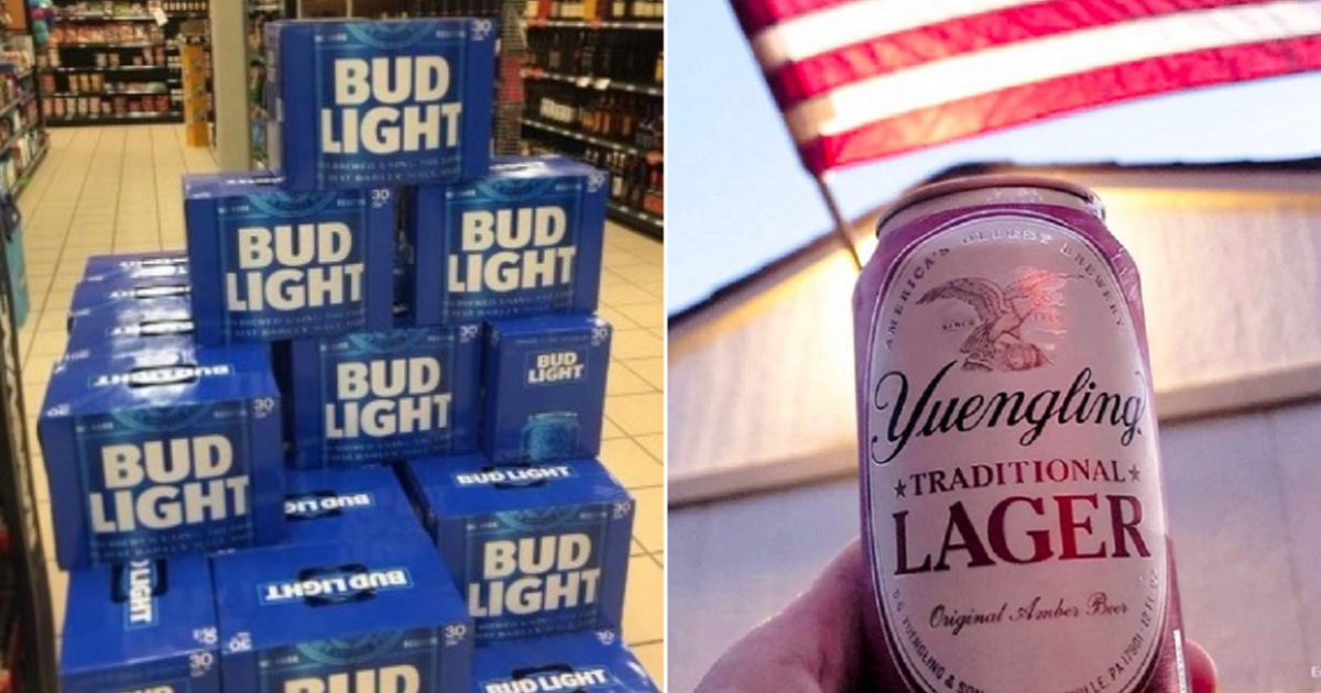 Cases of Bud Light stacked in a store, left; a can of Yuengling with an American flag in the background, right.