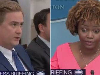 Fox News White House correspondent Peter Doocy, left, questions White House press secretary Karine Jean-Pierre, right.