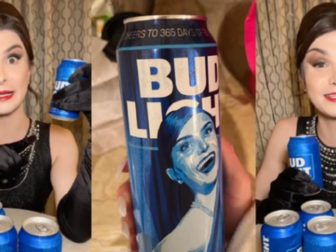 Transgender celebrity Dylan Mulvaney photographs himself and a Bud Light can emblazoned with his face.