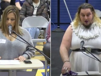 Aurora Regino, left, speaks at a Chico Unified School District meeting on April 5. A man who identified himself as "Squeaky Saint Francis," right, speaks at the same meeting.