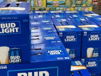 A stack of 36-packs of Bud Light is seen at a Costco store.