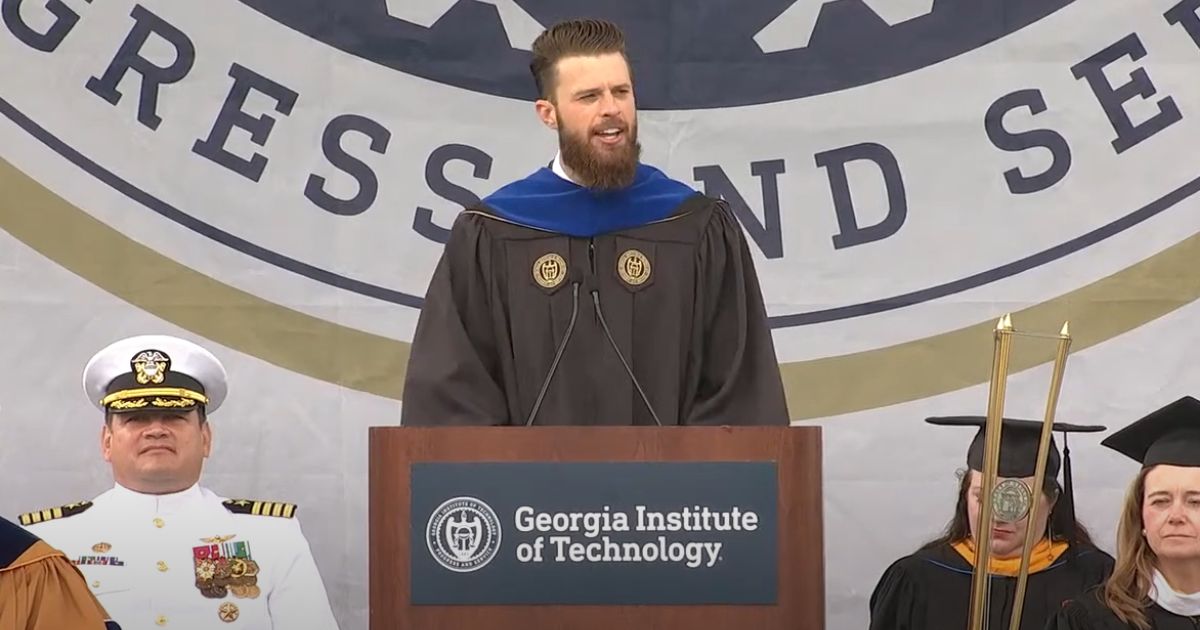 Kansas City Chiefs kicker Harrison Butker speaks to Georgia Tech graduates May 6 in Atlanta.