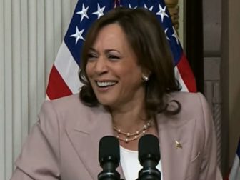 Vice President Kamala Harris laughs at her own joke Wednesday at the White House.