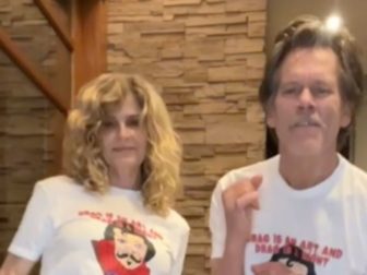 On Tuesday, Kevin Bacon, right, posted videos on his TikTok that voiced his support for drag shows, calling them "art." In one he is dancing with his wife, Kyra Sedgwick, left.