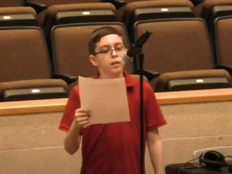 Liam Morrison, a seventh-grader at Nichols Middle School in Middleborough, Massachusetts, speaks at a meeting of the Middleborough School Committee on April 13.