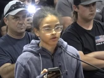 Megan Simpkins, a senior at Martin Luther King High School in Riverside, California, speaks to the board of the Riverside Unified School District on April 27.