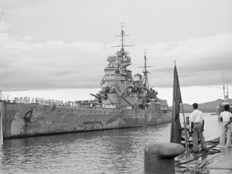 The HMS Prince of Wales comes in to moor in Singapore on Dec. 4, 1941. The ship was sunk by Japanese torpedoes six days later with great loss of life.