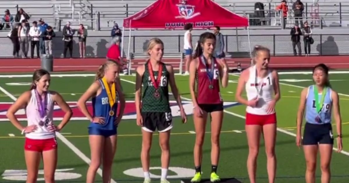 California high school track athlete Adeline Johnson, second from left, missed out on an opportunity to place in the top three at an event because a male was allowed to run against female athletes and took second place.