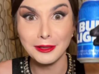 Transgender influencer Dylan Mulvaney is seen with a Bud Light can.