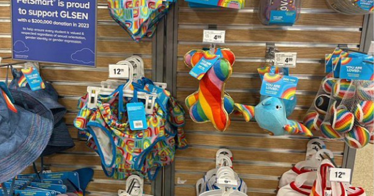 Pet toys themed for gay "pride" on sale at a PetSmart.