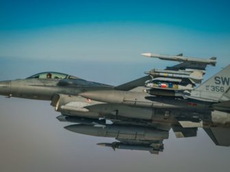 An Air Force F-16 Fighting Falcon aircraft flies over the U.S. Air Force Central Command area of responsibility during a mission supporting Combined Joint Task Force-Operation Inherent Resolve on March 30, 2021.