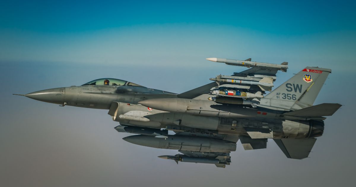 An Air Force F-16 Fighting Falcon aircraft flies over the U.S. Air Force Central Command area of responsibility during a mission supporting Combined Joint Task Force-Operation Inherent Resolve on March 30, 2021.