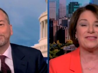 "Meet the Press" host Chuck Todd grimaces Sunday as Sen. Amy Klobuchar tries to defend the Biden White House