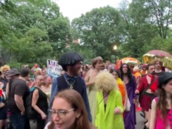 NYC drag marchers are seen during a "pride"event in June.