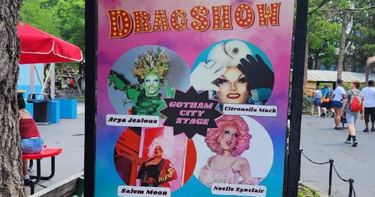 A poster advertising a drag show at the Six Flags Over Texas theme park.