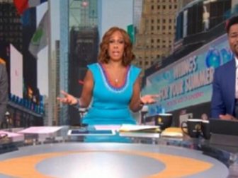 "CBS Mornings" host Gayle King, center, and co-hosts Vladimir Duthiers, left, and Nate Burleson, right, are pictured on the set of the show on Monday.