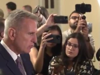 House Speaker Kevin McCarthy speaks with reporters on Monday.