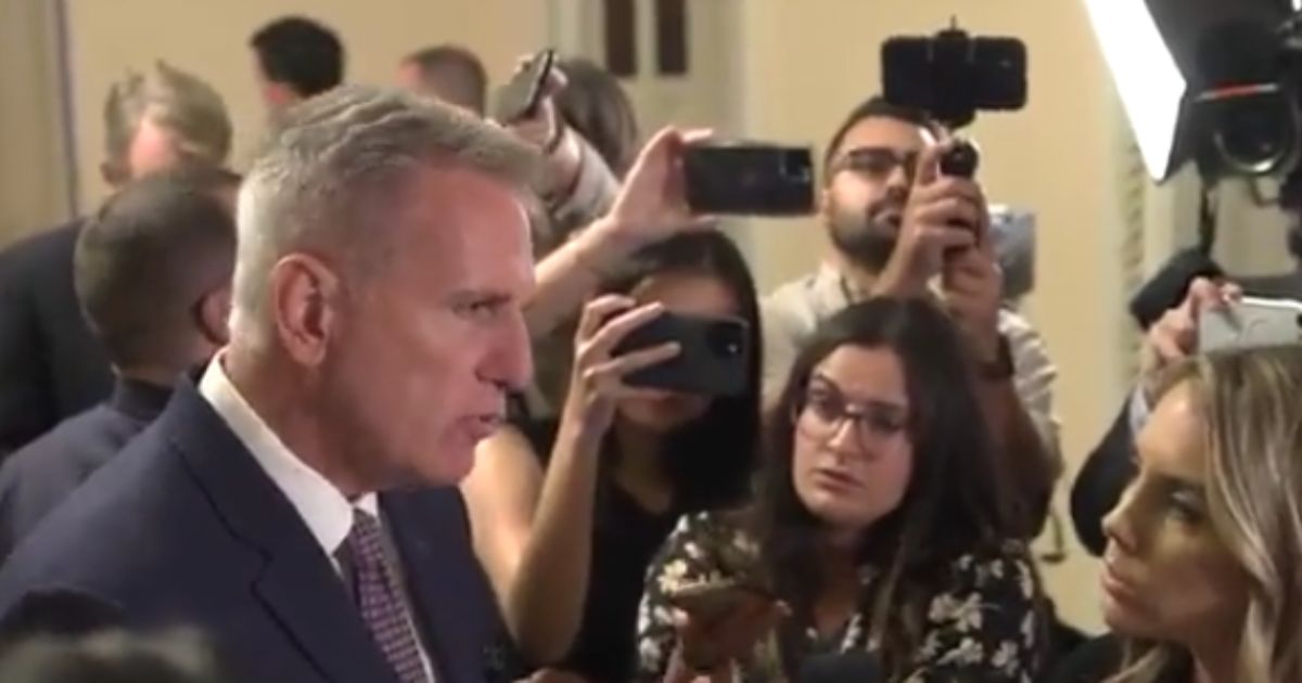 House Speaker Kevin McCarthy speaks with reporters on Monday.