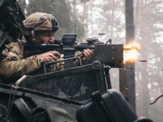 A U.S. soldier engages the enemy during Dragoon Ready 23 at the Joint Multinational Readiness Center in Hohenfels, Germany, on Feb. 1.