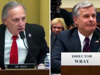 Arizona Rep. Andy Biggs, left, questions FBI Director Christopher Wray during a House Judiciary Committee hearing on Wednesday.