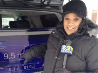 Elise Finch films a meteorology news segment for CBS New York.