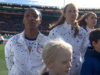 The U.S. Women's National Soccer team stands in a line as the National Anthem plays before the Women's World Cup game at Wellington Regional Stadium in Wellington, New Zealand, on Wednesday.