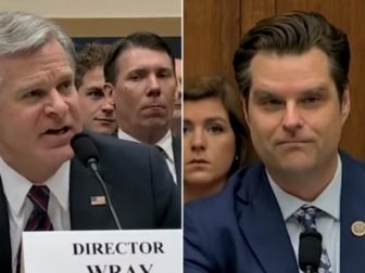 FBI Director Christopher Wray, left, is questioned by Florida Rep. Matt Gaetz on Wednesday.