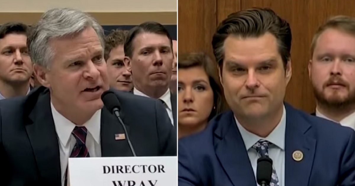 FBI Director Christopher Wray, left, is questioned by Florida Rep. Matt Gaetz on Wednesday.