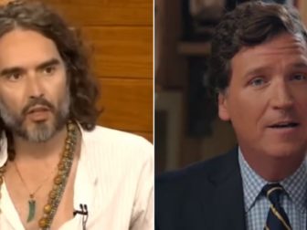 British actor, commentator and podcast host Russell Brand, left; former Fox New host Tucker Carlson, right, on Friday. (Abishek / YouTube screen shot; @TuckerCarlson / Twitter screen shot)