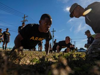 Army recruits participate in physical training at the National Guard Training Center in Sea Girt, New Jersey, on Oct. 19, 2019.