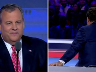 Chris Christie, left, was booed to such a degree during Wednesday's Republican primary debate that moderator Bret Baier had to intervene.