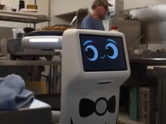 A robot server, Plato, transports and serves food to patrons at The Cazadero restaurant in Estacada, Oregon.