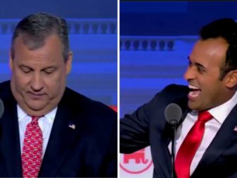 Chris Christie, left, and Vivek Ramaswamy participate in the first GOP primary debate on Wednesday.