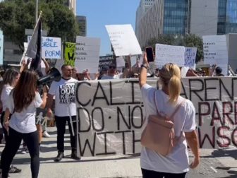 A parents rights group protests Tuesday outside the headquarters of the Los Angeles Unified School District.