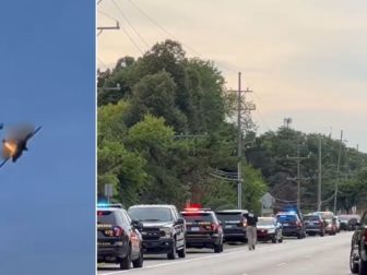 Law enforcement was at the scene of a jet crash during a Michigan air show, left, The pilots, right, ejected.